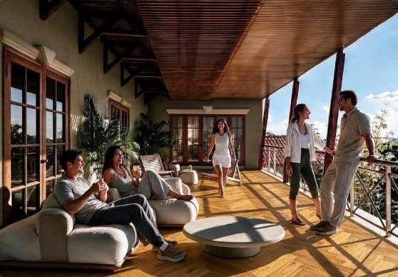 Hội viên thư giãn trên hiên có mái che của câu lạc bộ