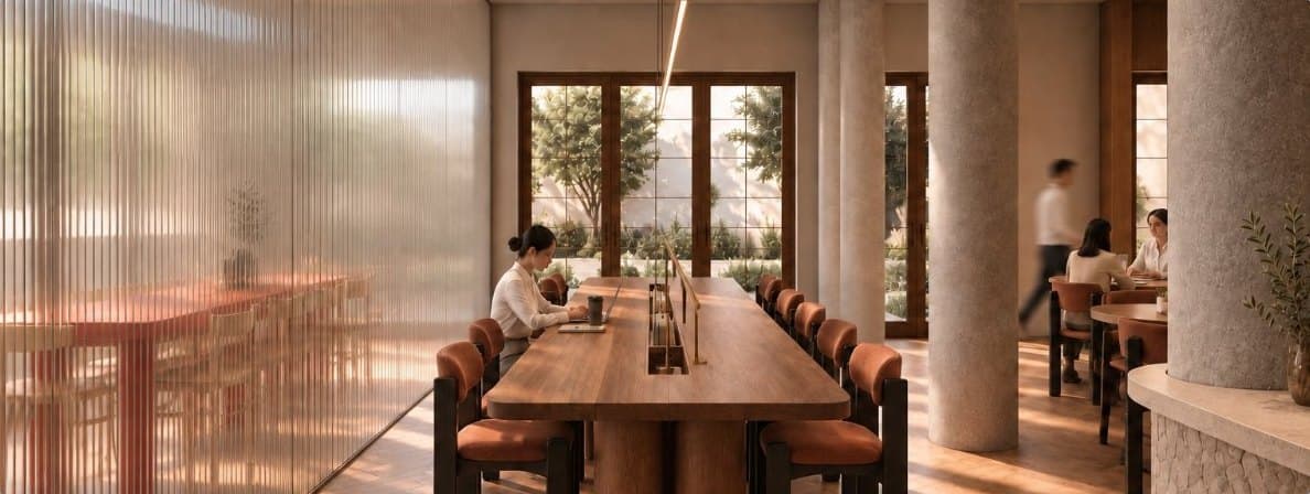 Phòng cowork của câu lạc bộ với chiếc bàn gỗ dài