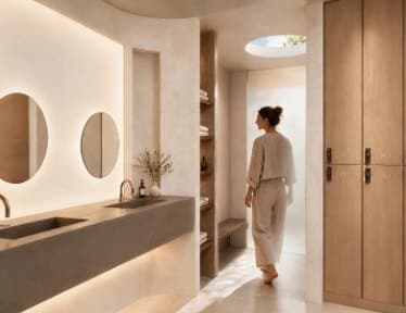 Phòng thay đồ với bồn rửa đá và tủ gỗ