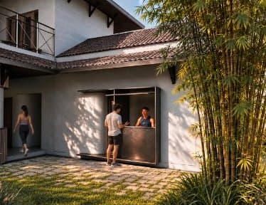 Ô cửa lễ tân trong sân giữa những khóm tre